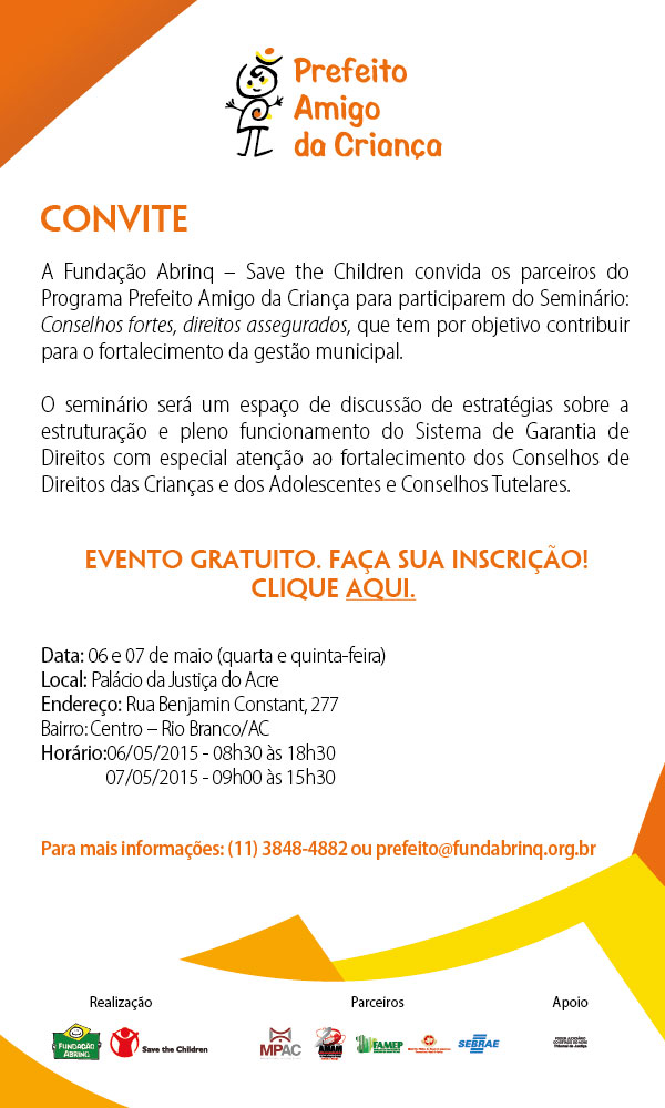 Convite eletronico_SeminÃ¡rio Programa Prefeito Amigo da CrianÃ§a_Rio Branco